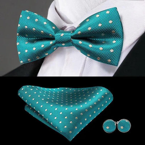 Classic Green Bow Ties Men Silk Butterfly Tie  With Pocket Square And Cufflinks Set For Men Elegant Design Wedding Party Bowties Solid Color Gentleman Bow Tie And Pocket Square Cufflink Set Stevvex