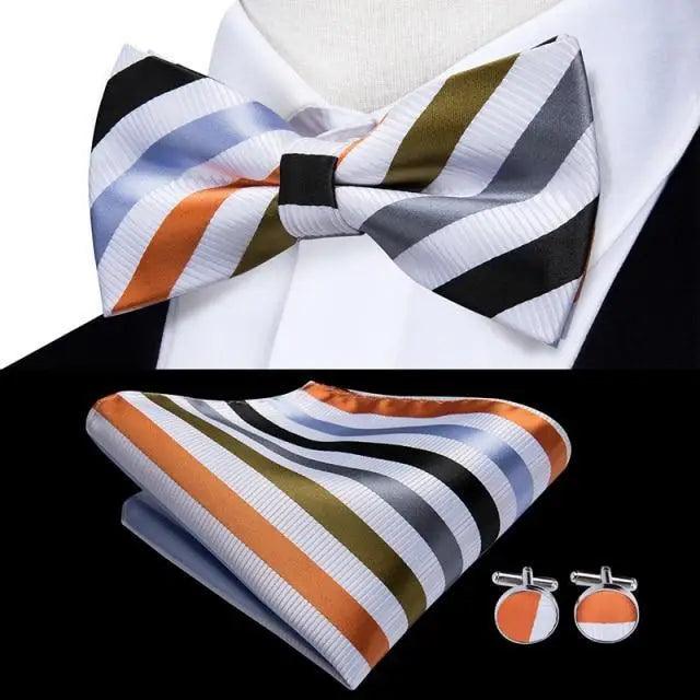 Classic Green Bow Ties Men Silk Butterfly Tie  With Pocket Square And Cufflinks Set For Men Elegant Design Wedding Party Bowties Solid Color Gentleman Bow Tie And Pocket Square Cufflink Set Stevvex