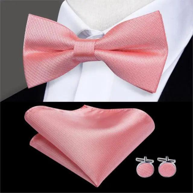 Classic Green Bow Ties Men Silk Butterfly Tie  With Pocket Square And Cufflinks Set For Men Elegant Design Wedding Party Bowties Solid Color Gentleman Bow Tie And Pocket Square Cufflink Set Stevvex