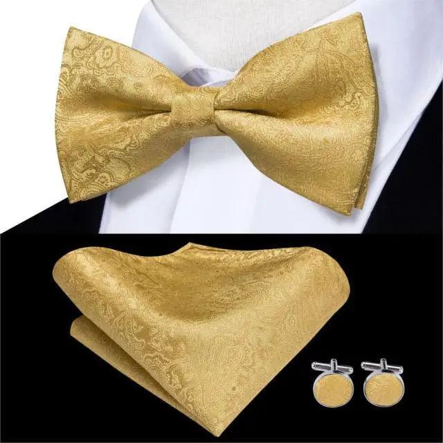 Classic Green Bow Ties Men Silk Butterfly Tie  With Pocket Square And Cufflinks Set For Men Elegant Design Wedding Party Bowties Solid Color Gentleman Bow Tie And Pocket Square Cufflink Set Stevvex