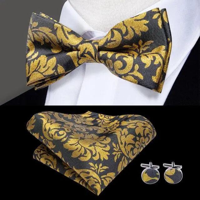 Classic Green Bow Ties Men Silk Butterfly Tie  With Pocket Square And Cufflinks Set For Men Elegant Design Wedding Party Bowties Solid Color Gentleman Bow Tie And Pocket Square Cufflink Set Stevvex