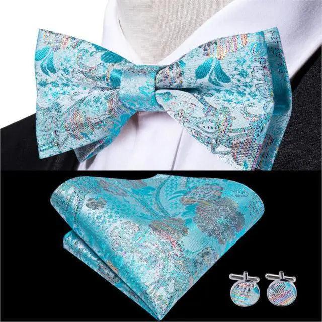 Classic Green Bow Ties Men Silk Butterfly Tie  With Pocket Square And Cufflinks Set For Men Elegant Design Wedding Party Bowties Solid Color Gentleman Bow Tie And Pocket Square Cufflink Set Stevvex