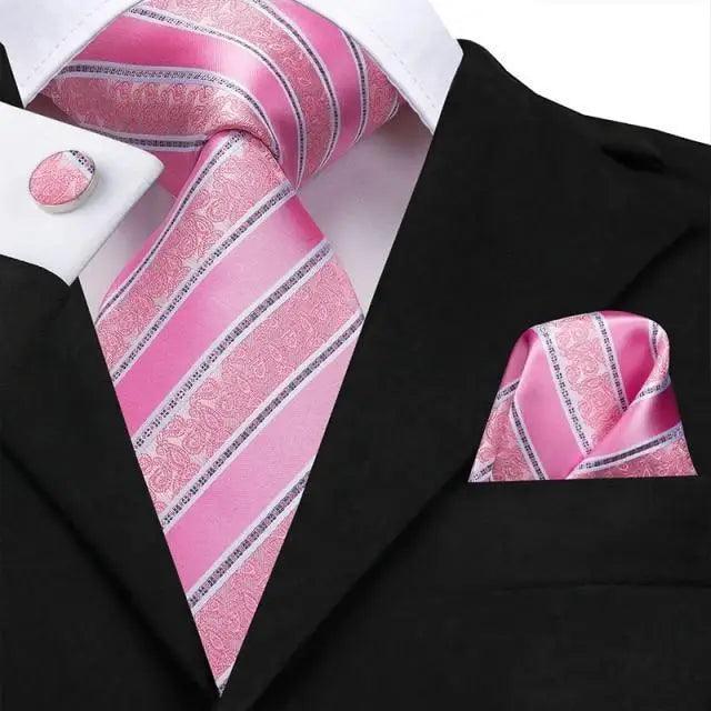 Elegant Pink Silk  Necktie Pocket Square Cufflinks Set Elegant Men's Fashion Wedding Ties For Men And Daily Wear Ties Stevvex