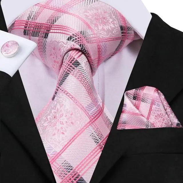 Elegant Pink Silk  Necktie Pocket Square Cufflinks Set Elegant Men's Fashion Wedding Ties For Men And Daily Wear Ties Stevvex