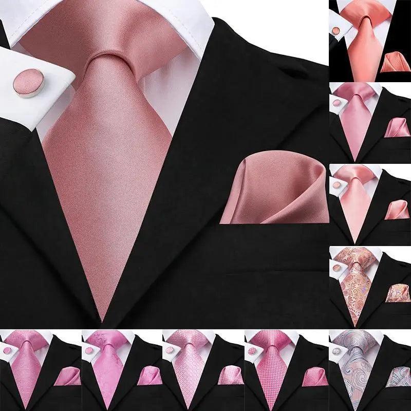 Elegant Pink Silk  Necktie Pocket Square Cufflinks Set Elegant Men's Fashion Wedding Ties For Men And Daily Wear Ties Stevvex