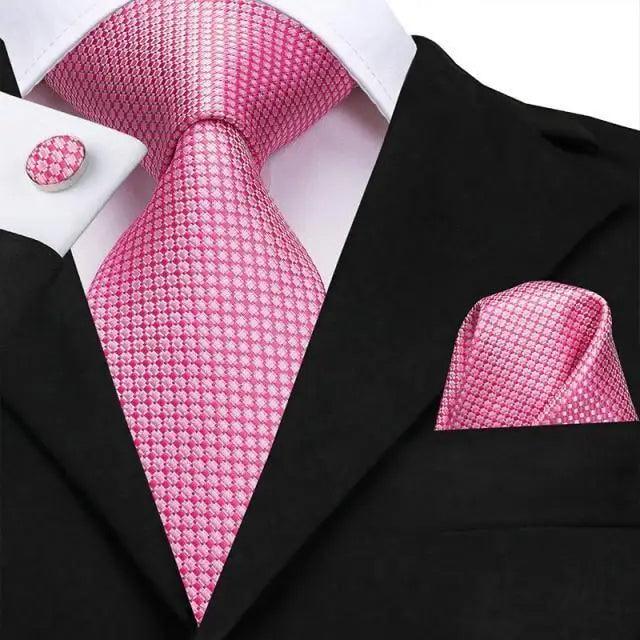 Elegant Pink Silk  Necktie Pocket Square Cufflinks Set Elegant Men's Fashion Wedding Ties For Men And Daily Wear Ties Stevvex