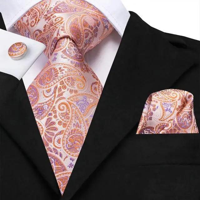 Elegant Pink Silk  Necktie Pocket Square Cufflinks Set Elegant Men's Fashion Wedding Ties For Men And Daily Wear Ties Stevvex