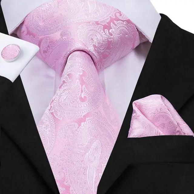 Elegant Pink Silk  Necktie Pocket Square Cufflinks Set Elegant Men's Fashion Wedding Ties For Men And Daily Wear Ties Stevvex