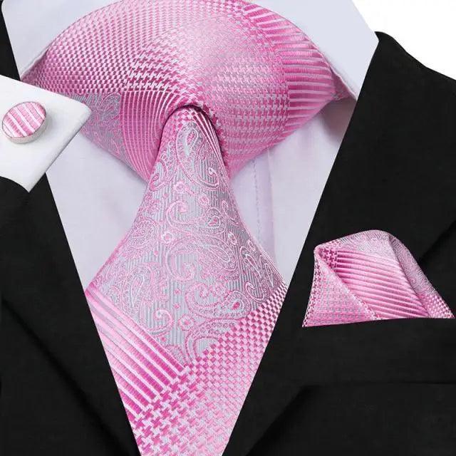 Elegant Pink Silk  Necktie Pocket Square Cufflinks Set Elegant Men's Fashion Wedding Ties For Men And Daily Wear Ties Stevvex