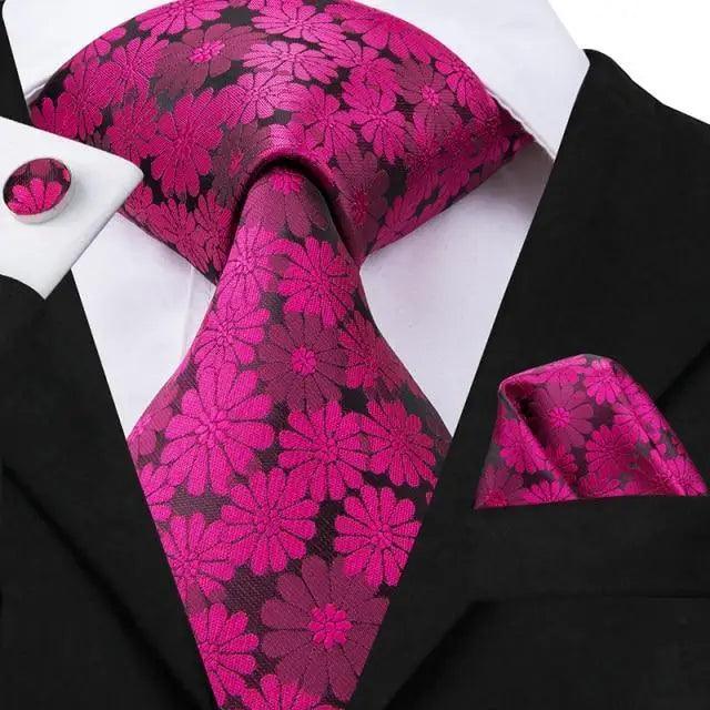 Elegant Pink Silk  Necktie Pocket Square Cufflinks Set Elegant Men's Fashion Wedding Ties For Men And Daily Wear Ties Stevvex