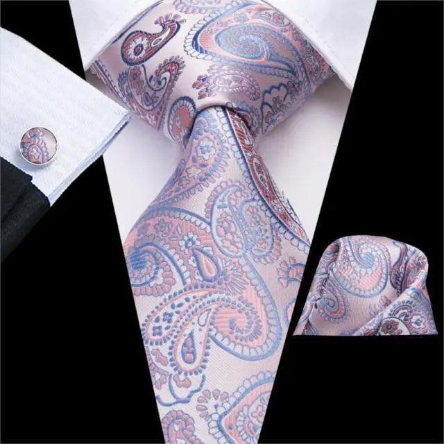 Elegant Pink Silk  Necktie Pocket Square Cufflinks Set Elegant Men's Fashion Wedding Ties For Men And Daily Wear Ties Stevvex