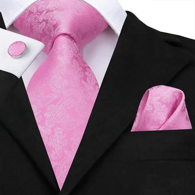Elegant Pink Silk  Necktie Pocket Square Cufflinks Set Elegant Men's Fashion Wedding Ties For Men And Daily Wear Ties Stevvex