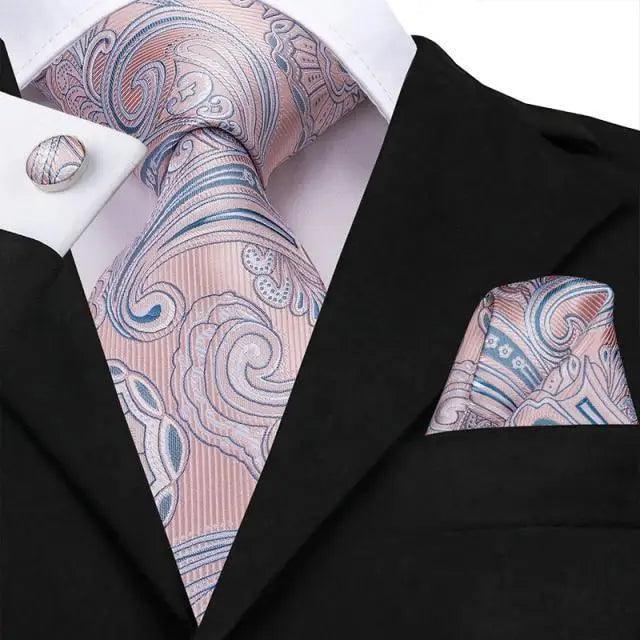 Elegant Pink Silk  Necktie Pocket Square Cufflinks Set Elegant Men's Fashion Wedding Ties For Men And Daily Wear Ties Stevvex