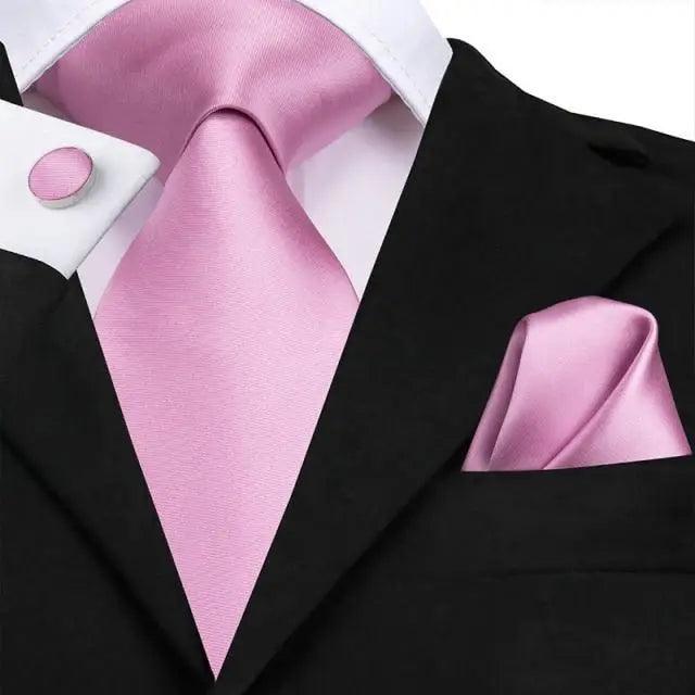 Elegant Pink Silk  Necktie Pocket Square Cufflinks Set Elegant Men's Fashion Wedding Ties For Men And Daily Wear Ties Stevvex