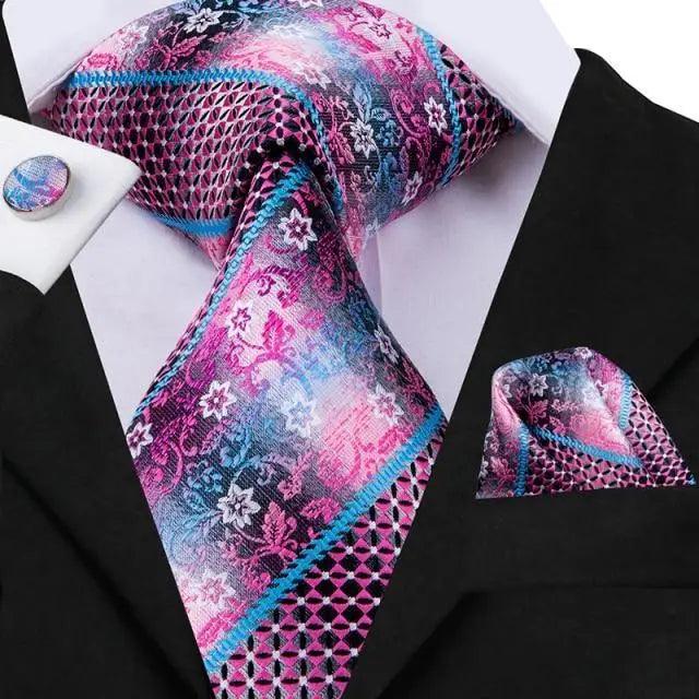 Elegant Pink Silk  Necktie Pocket Square Cufflinks Set Elegant Men's Fashion Wedding Ties For Men And Daily Wear Ties Stevvex