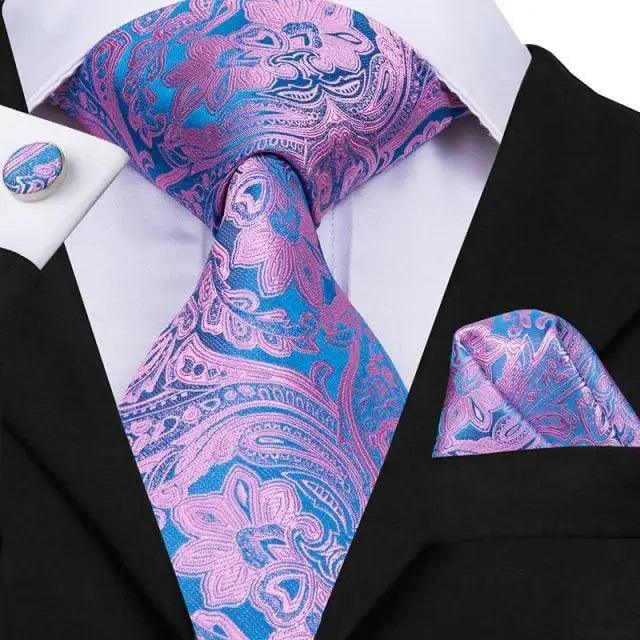 Elegant Pink Silk  Necktie Pocket Square Cufflinks Set Elegant Men's Fashion Wedding Ties For Men And Daily Wear Ties Stevvex