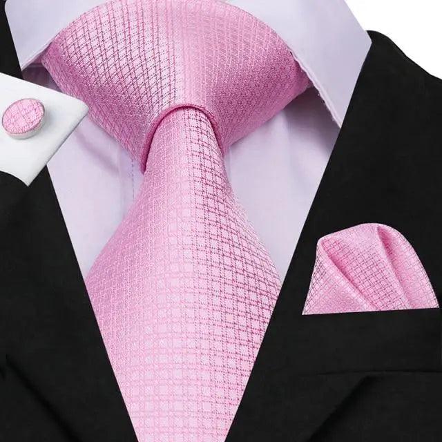 Elegant Pink Silk  Necktie Pocket Square Cufflinks Set Elegant Men's Fashion Wedding Ties For Men And Daily Wear Ties Stevvex