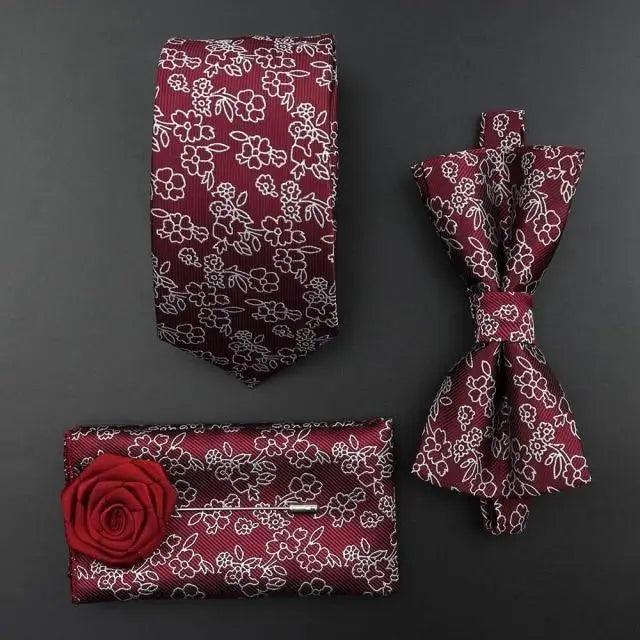 Fashion Red Business Necktie Matching Bowtie Flower Vintage Design Set For Men Self-Tie Bow Tie And Pocket Square Classic Business Tuxedo Wedding Bowties Handkerchief Set Men Necktie And Pocket Square Set Stevvex