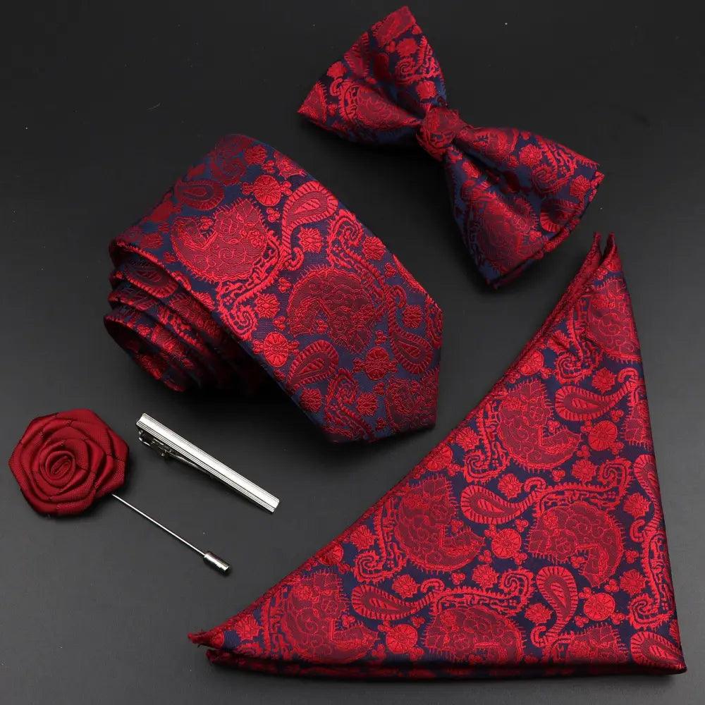 Fashion Red Business Necktie Matching Bowtie Flower Vintage Design Set For Men Self-Tie Bow Tie And Pocket Square Classic Business Tuxedo Wedding Bowties Handkerchief Set Men Necktie And Pocket Square Set Stevvex