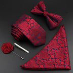 Fashion Red Business Necktie Matching Bowtie Flower Vintage Design Set For Men Self-Tie Bow Tie And Pocket Square Classic Business Tuxedo Wedding Bowties Handkerchief Set Men Necktie And Pocket Square Set Stevvex