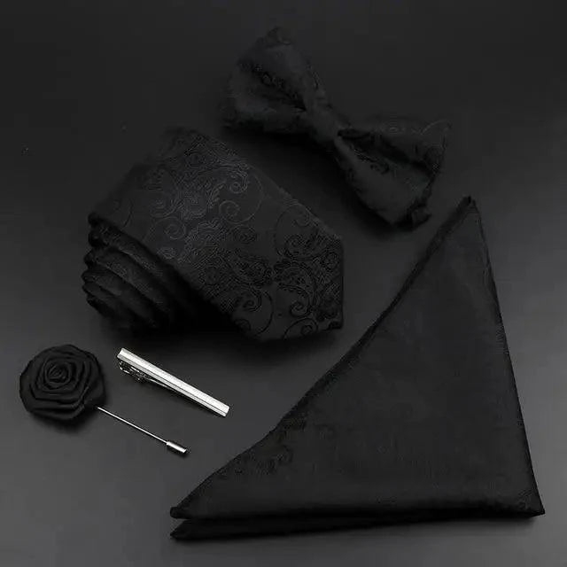 Fashion Red Business Necktie Matching Bowtie Flower Vintage Design Set For Men Self-Tie Bow Tie And Pocket Square Classic Business Tuxedo Wedding Bowties Handkerchief Set Men Necktie And Pocket Square Set Stevvex