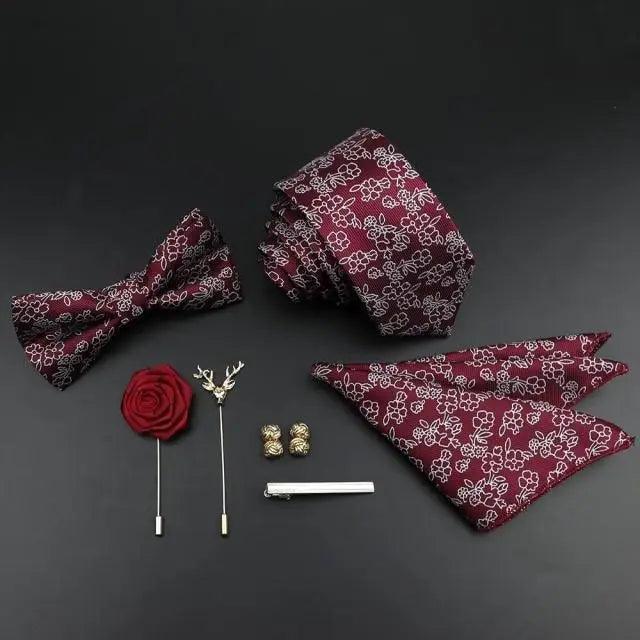 Fashion Red Business Necktie Matching Bowtie Flower Vintage Design Set For Men Self-Tie Bow Tie And Pocket Square Classic Business Tuxedo Wedding Bowties Handkerchief Set Men Necktie And Pocket Square Set Stevvex