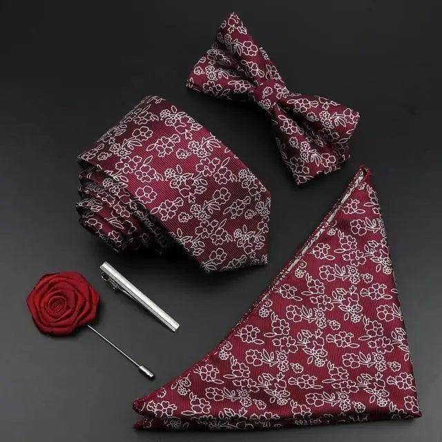 Fashion Red Business Necktie Matching Bowtie Flower Vintage Design Set For Men Self-Tie Bow Tie And Pocket Square Classic Business Tuxedo Wedding Bowties Handkerchief Set Men Necktie And Pocket Square Set Stevvex