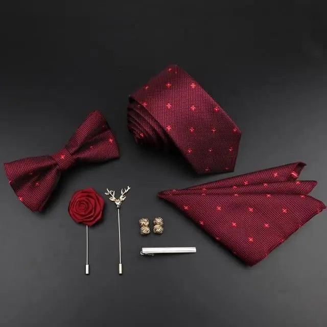 Fashion Red Business Necktie Matching Bowtie Flower Vintage Design Set For Men Self-Tie Bow Tie And Pocket Square Classic Business Tuxedo Wedding Bowties Handkerchief Set Men Necktie And Pocket Square Set Stevvex