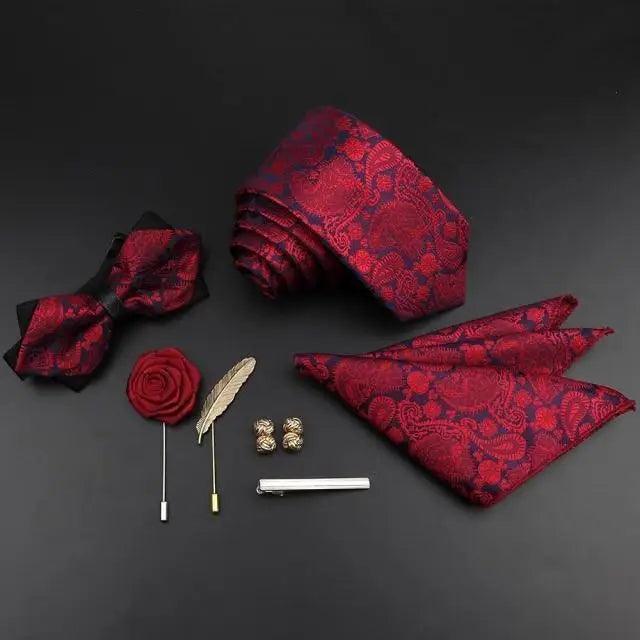 Fashion Red Business Necktie Matching Bowtie Flower Vintage Design Set For Men Self-Tie Bow Tie And Pocket Square Classic Business Tuxedo Wedding Bowties Handkerchief Set Men Necktie And Pocket Square Set Stevvex