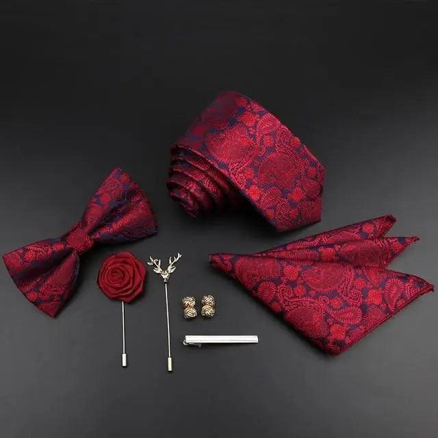 Fashion Red Business Necktie Matching Bowtie Flower Vintage Design Set For Men Self-Tie Bow Tie And Pocket Square Classic Business Tuxedo Wedding Bowties Handkerchief Set Men Necktie And Pocket Square Set Stevvex