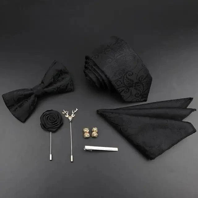 Fashion Red Business Necktie Matching Bowtie Flower Vintage Design Set For Men Self-Tie Bow Tie And Pocket Square Classic Business Tuxedo Wedding Bowties Handkerchief Set Men Necktie And Pocket Square Set Stevvex
