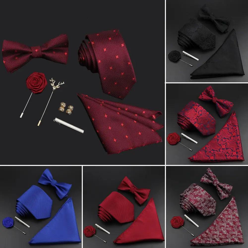 Fashion Red Business Necktie Matching Bowtie Flower Vintage Design Set For Men Self-Tie Bow Tie And Pocket Square Classic Business Tuxedo Wedding Bowties Handkerchief Set Men Necktie And Pocket Square Set Stevvex