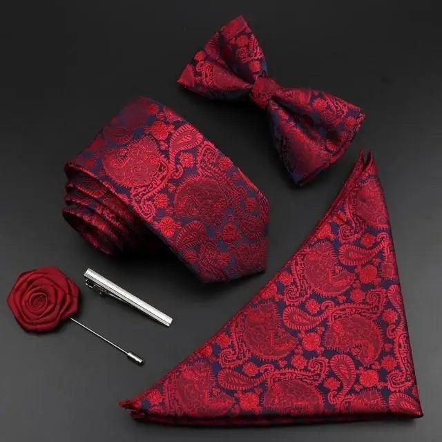 Fashion Red Business Necktie Matching Bowtie Flower Vintage Design Set For Men Self-Tie Bow Tie And Pocket Square Classic Business Tuxedo Wedding Bowties Handkerchief Set Men Necktie And Pocket Square Set Stevvex