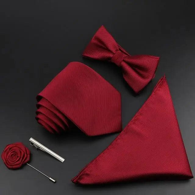 Fashion Red Business Necktie Matching Bowtie Flower Vintage Design Set For Men Self-Tie Bow Tie And Pocket Square Classic Business Tuxedo Wedding Bowties Handkerchief Set Men Necktie And Pocket Square Set Stevvex