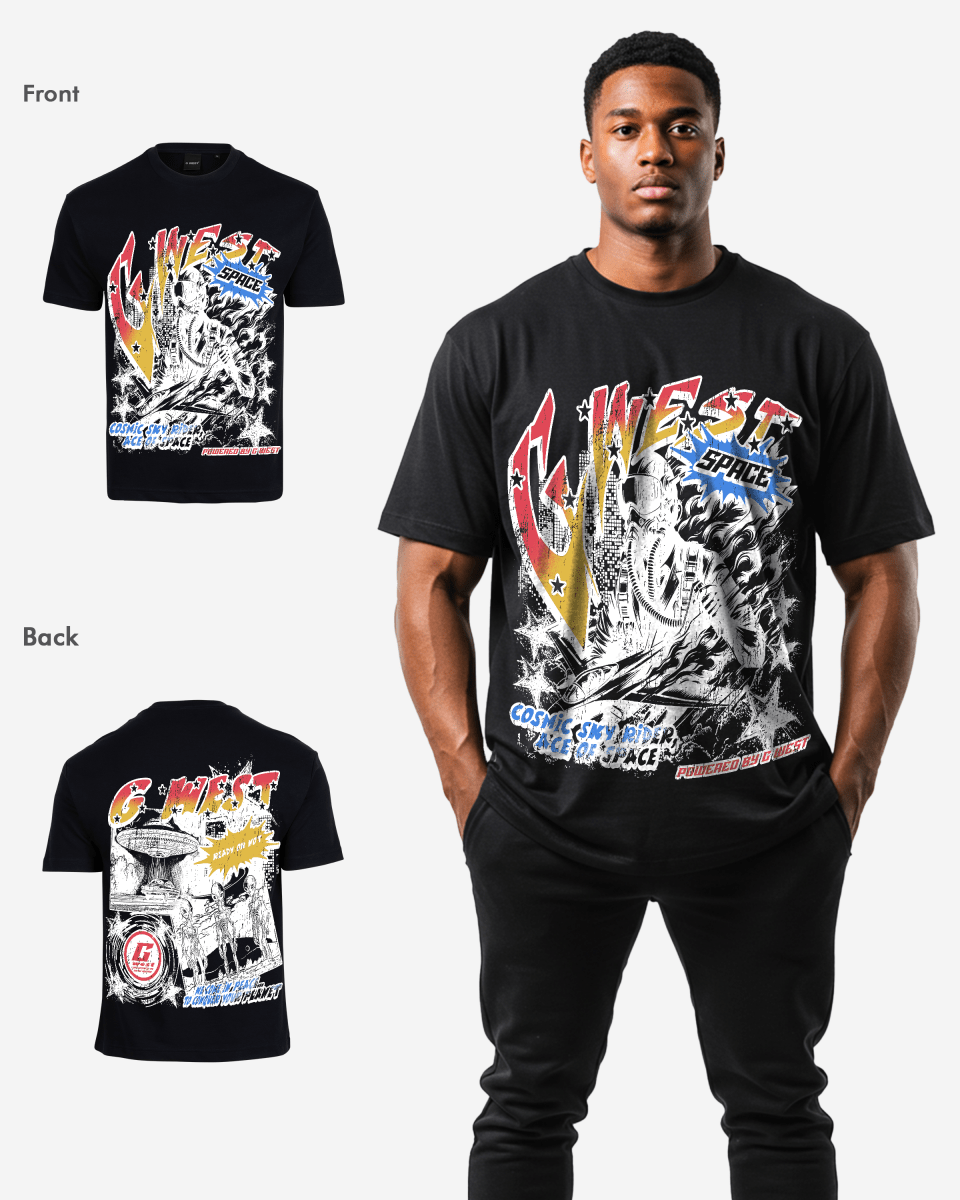 G West Mens Cosmic Sky Ride Double Hit Premium Oversized  Tee Front And Back Print G West