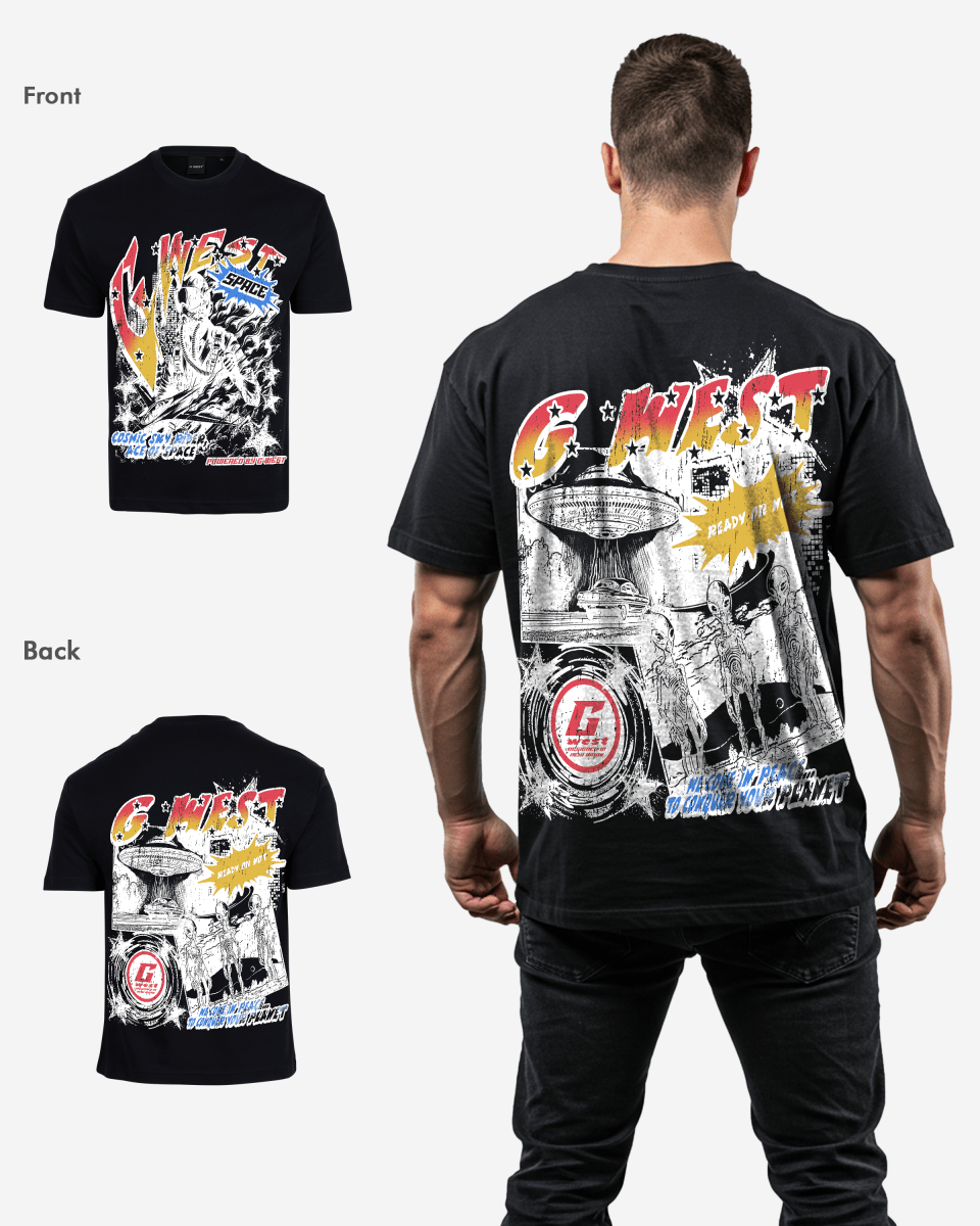 G West Mens Cosmic Sky Ride Double Hit Premium Oversized  Tee Front And Back Print G West