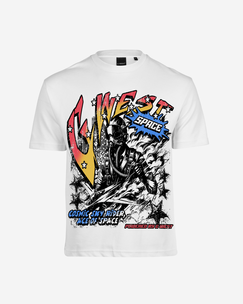 G West Mens Cosmic Sky Ride Double Hit Premium Oversized  Tee Front And Back Print G West