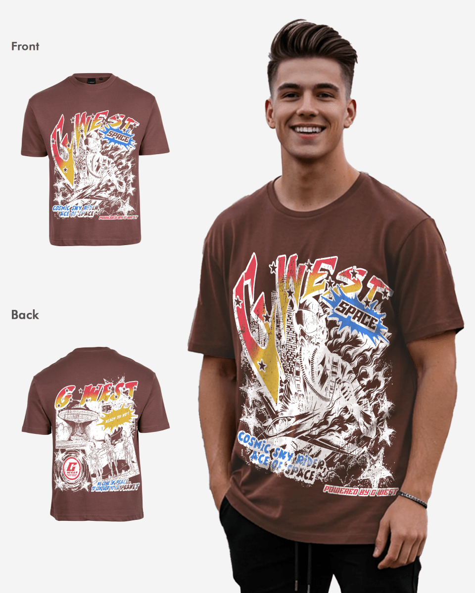G West Mens Cosmic Sky Ride Double Hit Premium Oversized  Tee Front And Back Print G West