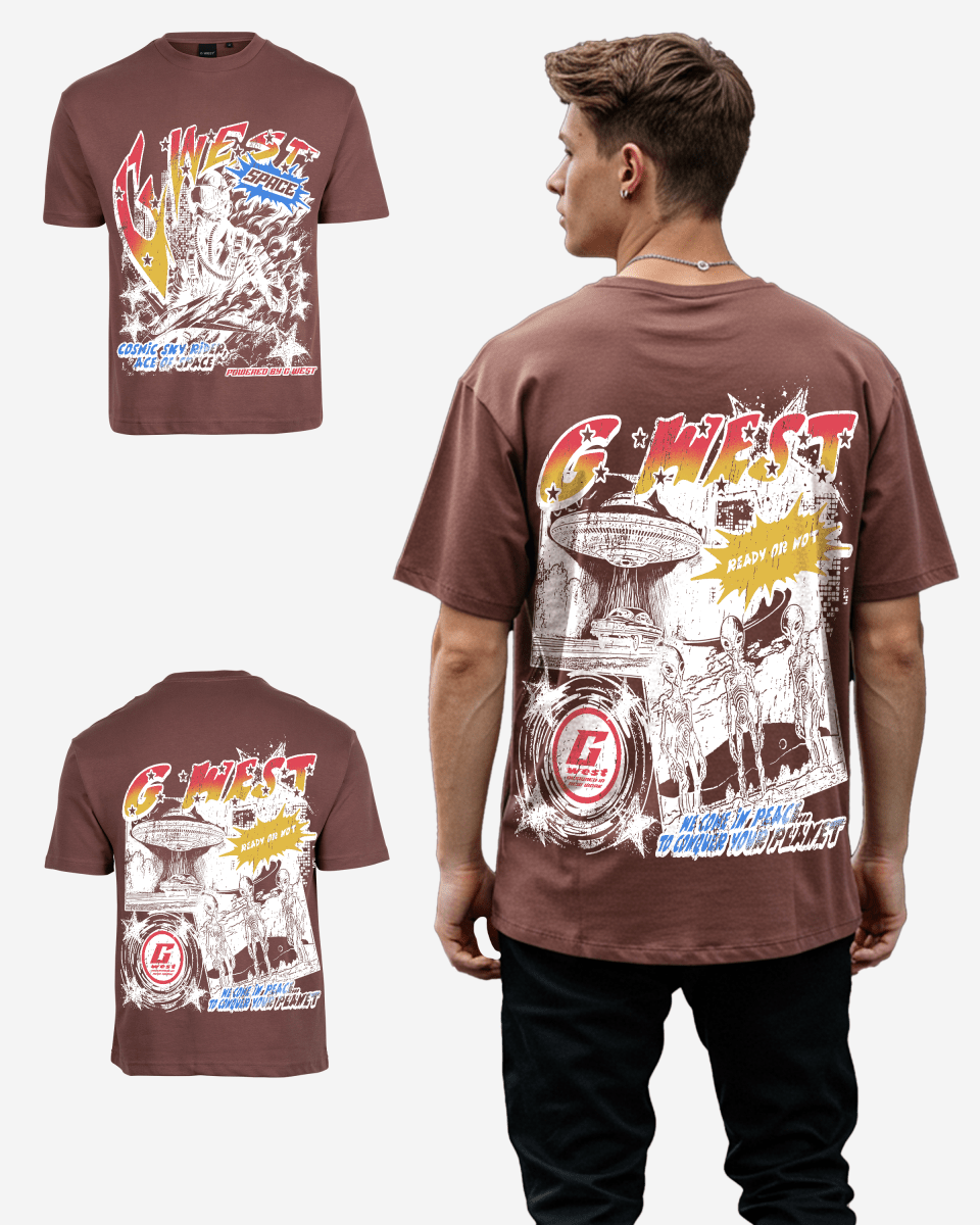 G West Mens Cosmic Sky Ride Double Hit Premium Oversized  Tee Front And Back Print G West