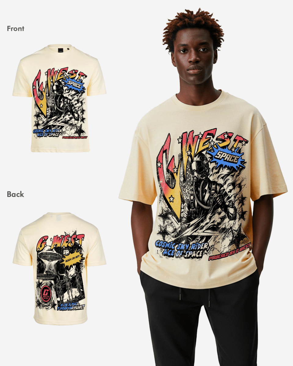 G West Mens Cosmic Sky Ride Double Hit Premium Oversized  Tee Front And Back Print G West