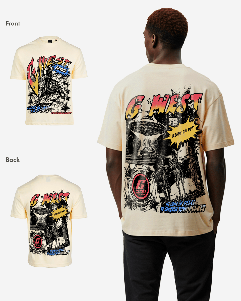 G West Mens Cosmic Sky Ride Double Hit Premium Oversized  Tee Front And Back Print G West