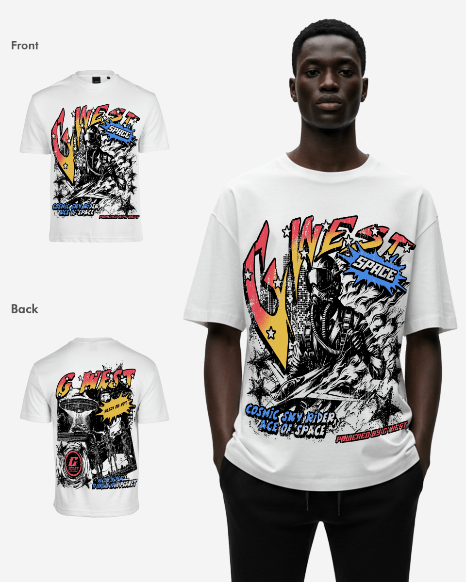 G West Mens Cosmic Sky Ride Double Hit Premium Oversized  Tee Front And Back Print G West