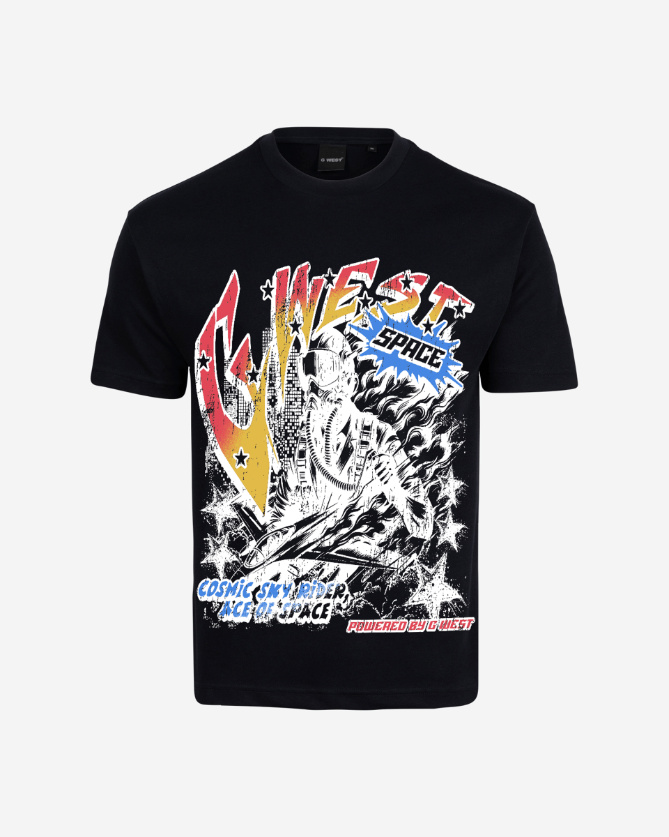 G West Mens Cosmic Sky Ride Double Hit Premium Oversized  Tee Front And Back Print G West