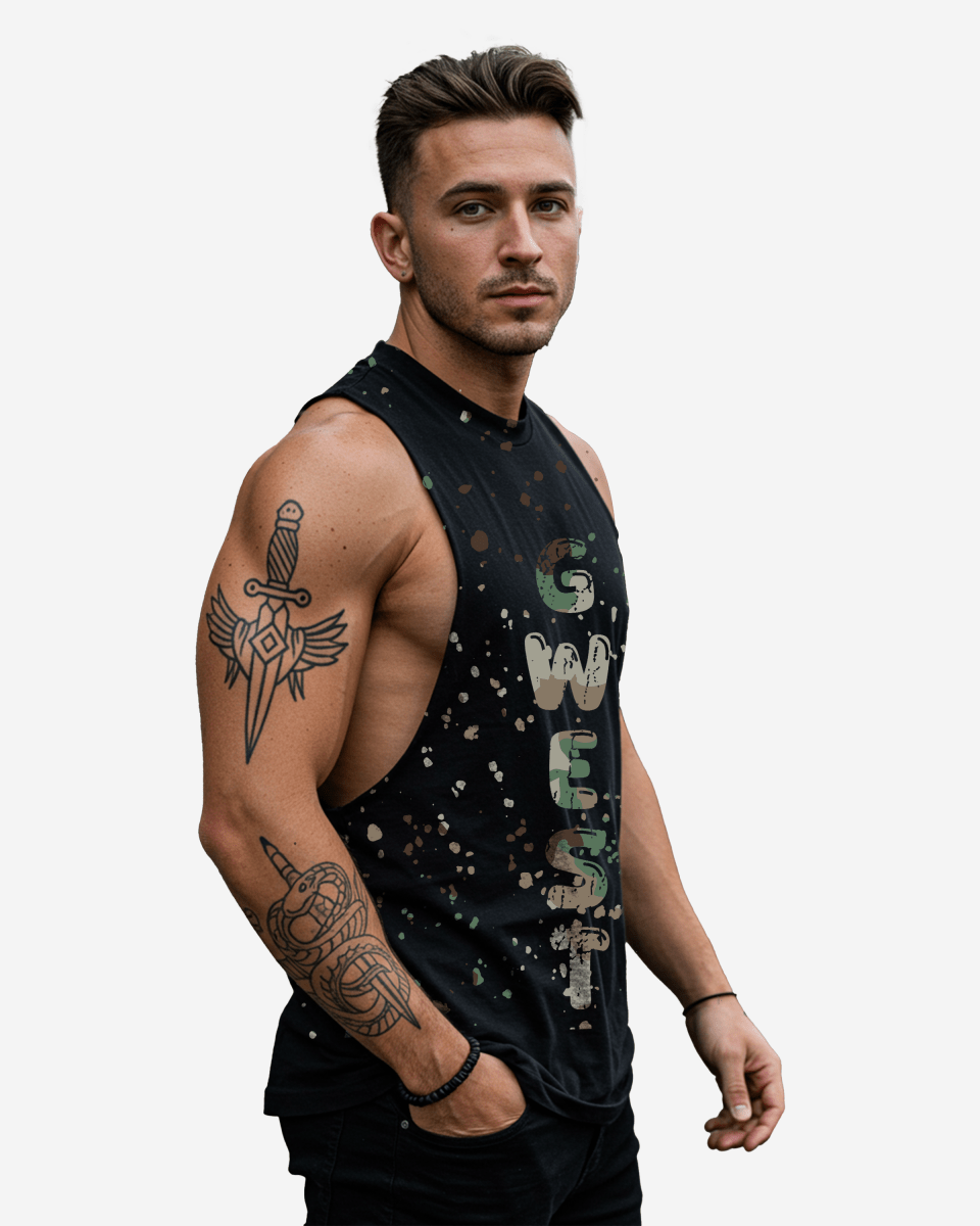 G  WEST LOGO ARMY SPLATTRE BLACK TANKS G West