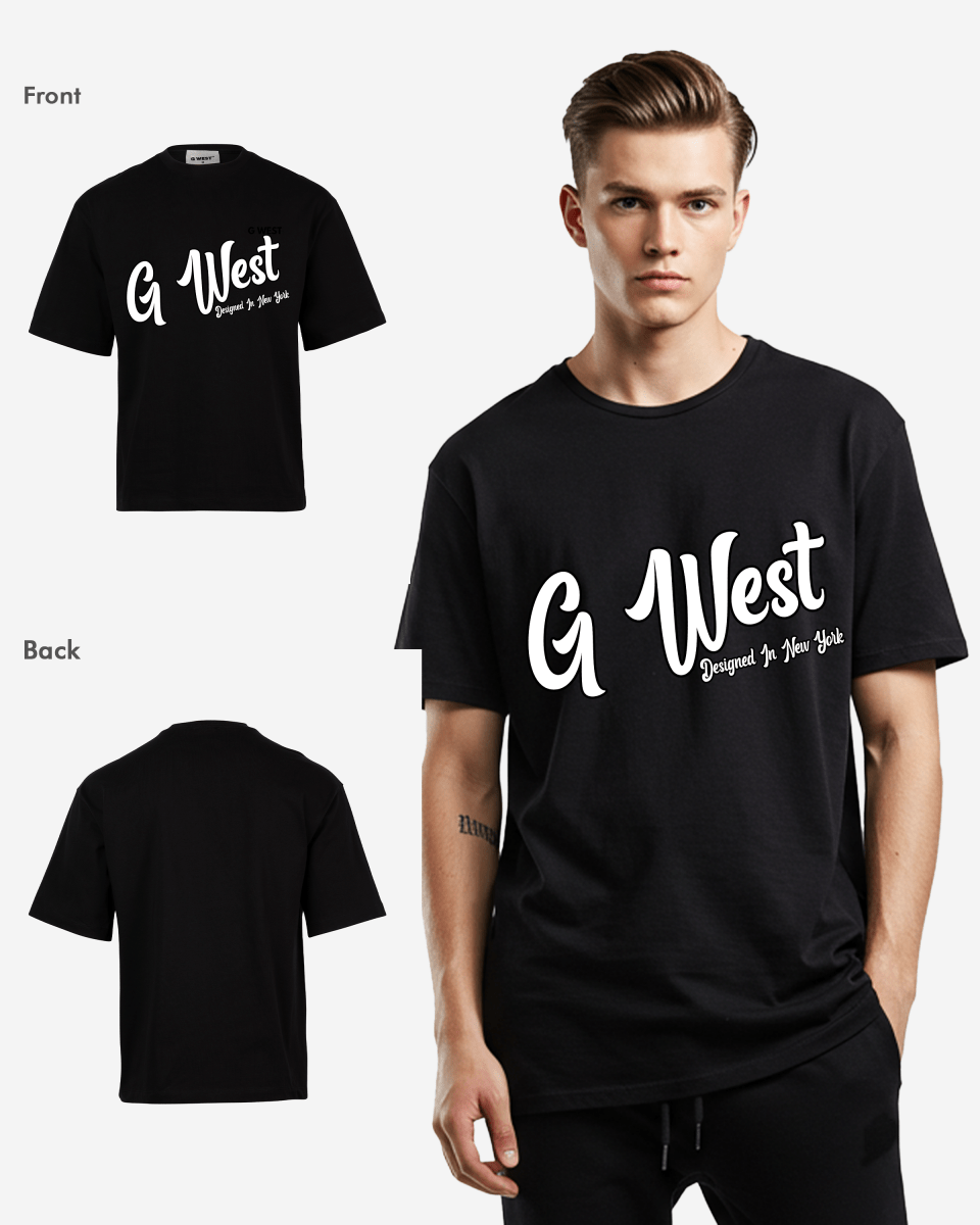 G West Mens Oversized Cursive Logo Black Tee G West