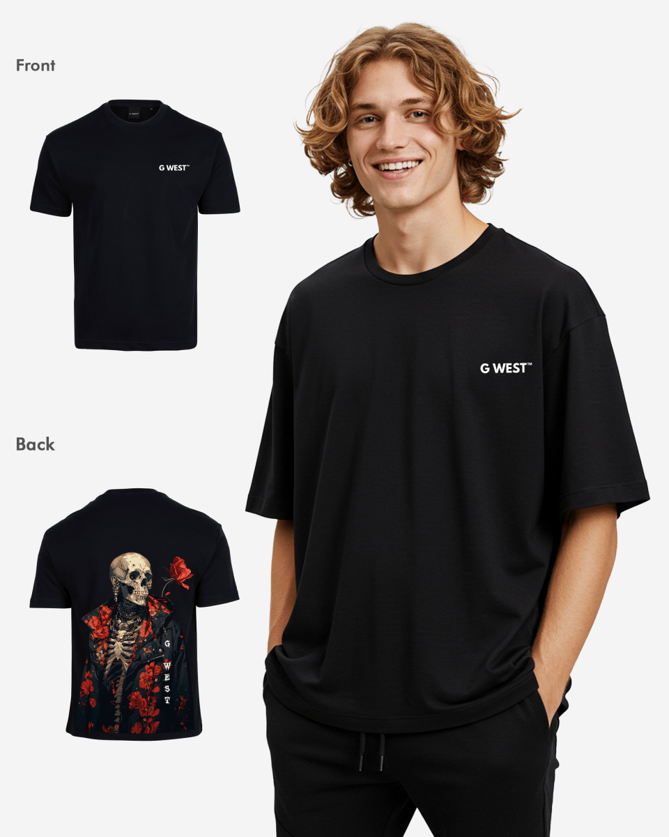 G West Mens Oversized Skull & Rose T Shirt G West