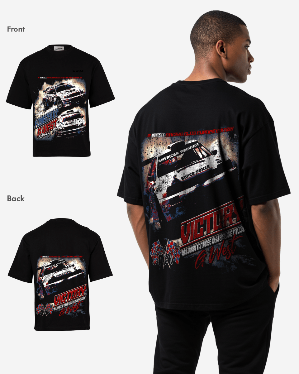 G West Mens Racing Club Double Hit Premium Oversized Tee Front And Back Print G West