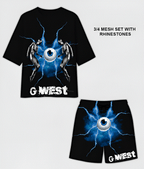 G WEST RHINSTONE EYE OF THE POWER 3/4 SLEEVES MESH SHORT SET G West
