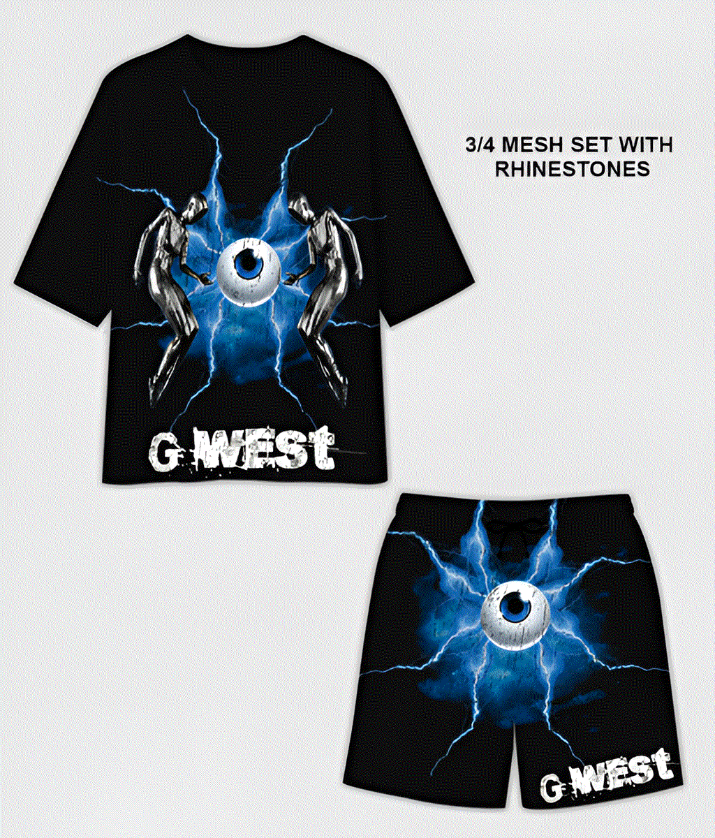 G WEST RHINSTONE EYE OF THE POWER 3/4 SLEEVES MESH SHORT SET G West