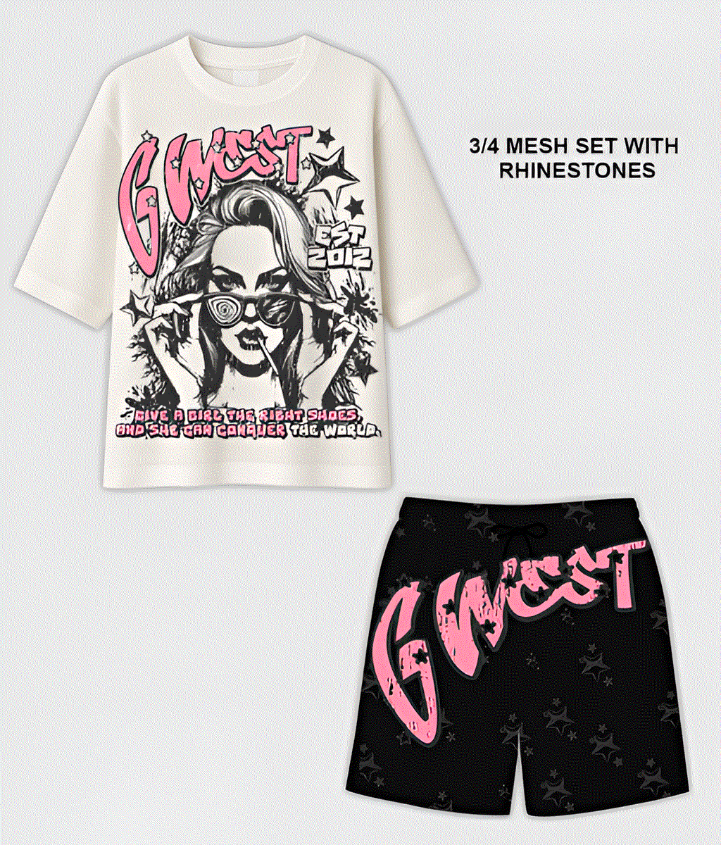 G WEST RHINSTONE MY GIRL 3/4 SLEEVES MESH SHORT SET G West